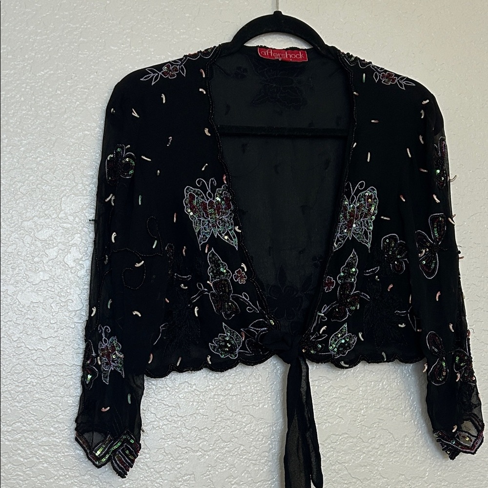 100% Silk Black Sheer Floral beaded Tie-Front Top. XL